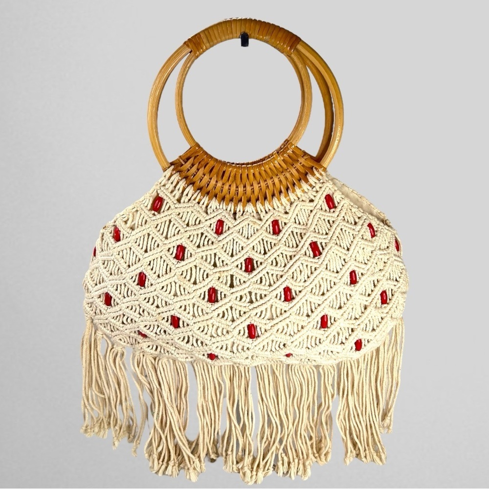 Fringe Boho Hobo Handbag Cotton Macrame Covered Rattan Circle Handles Red Beads